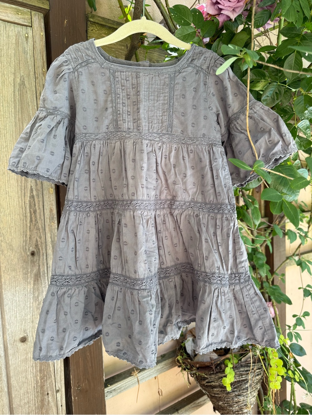 Zara Gray Swiss Dot & Lace Tiered Textured Dress
